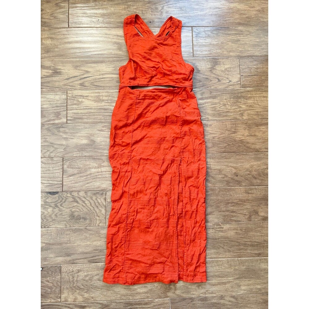 Free People The Simple Life Maxi Dress Size M Orange Cutout Cross Strap Linen